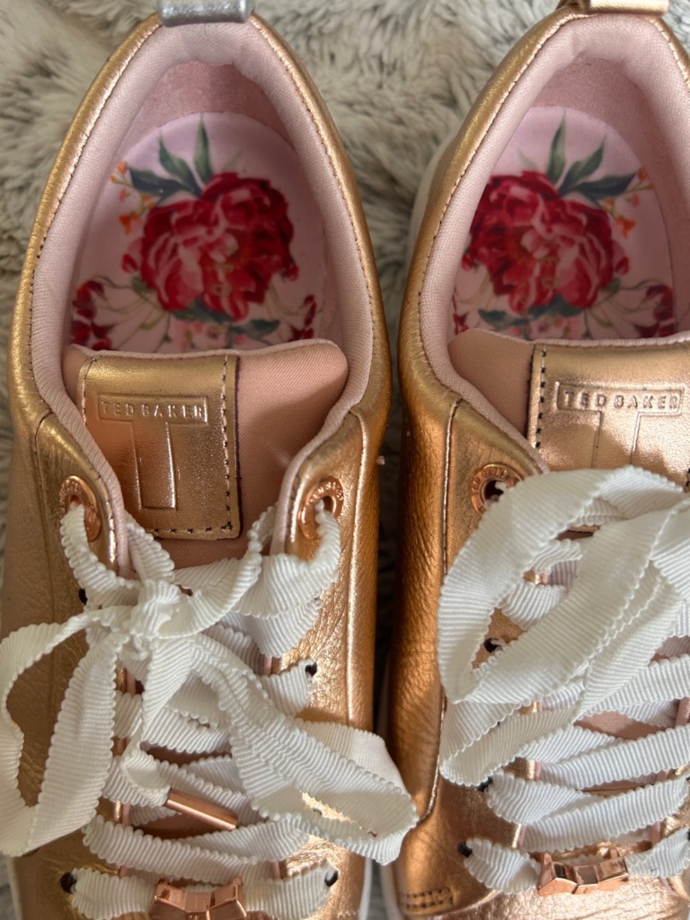 Ted Baker Rose Gold Metallic Leather Sneakers with White Ribbon Laces